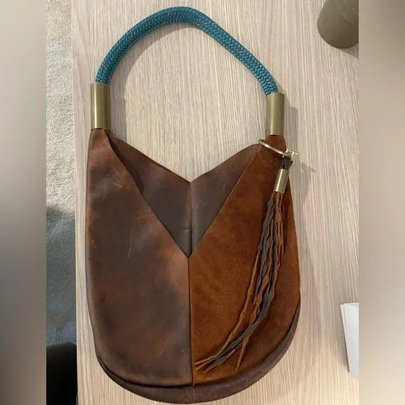 Elegant Brown and Tan Hobo Bag with Blue Handle - Picture 1 of 8